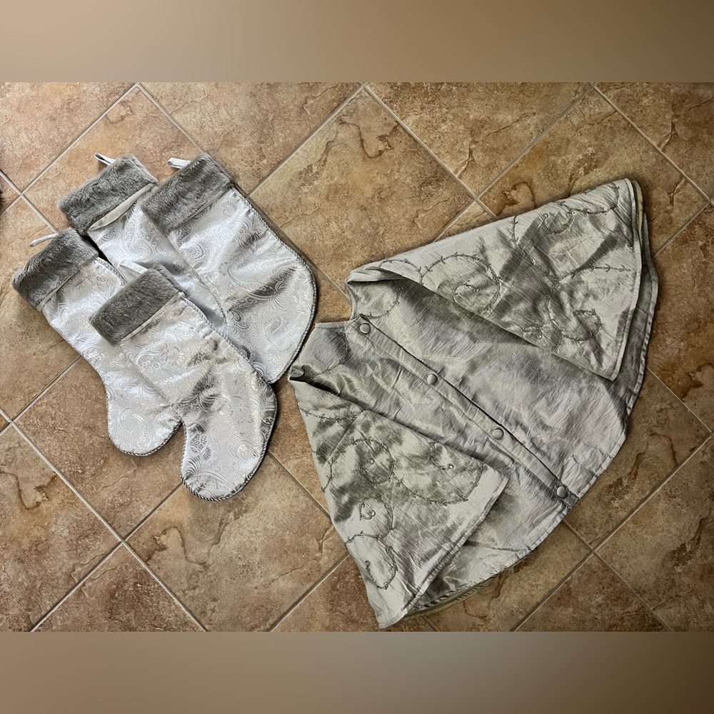 Set of 4 Silver Christmas Stockings and Bonus Tree Skirt